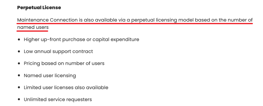Description of Maintenance Connection's perpetual licensing model based on the number of named users