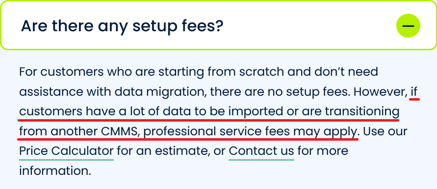Information about setup fees indicating no fees for basic use but potential charges for data migration or CMMS transition