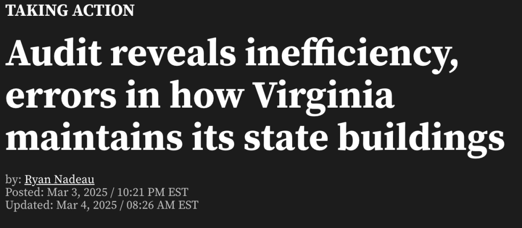 News headline article "Audit reveals inefficiency, errors in how Virginia maintains its state buildings"