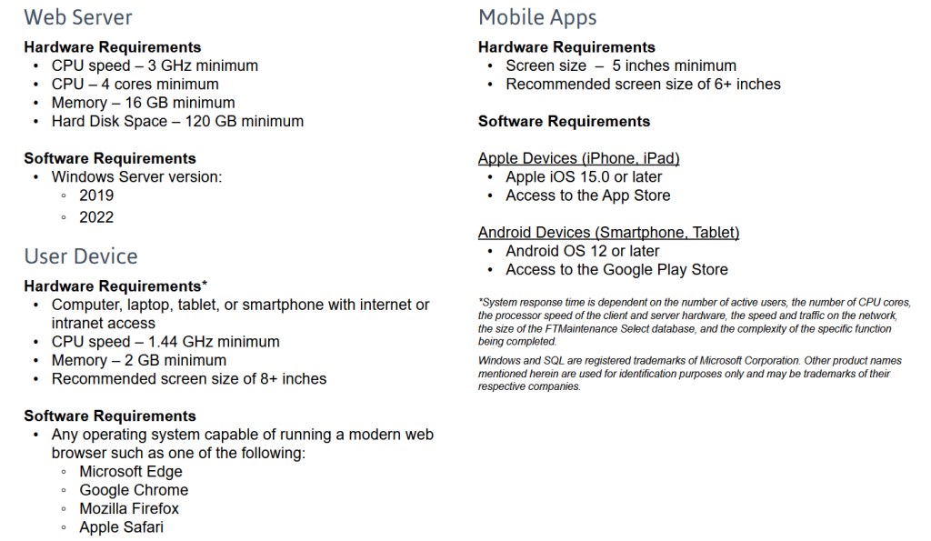 System requirements for web servers, mobile apps, and user devices, including CPU speed, memory, and software version compatibility