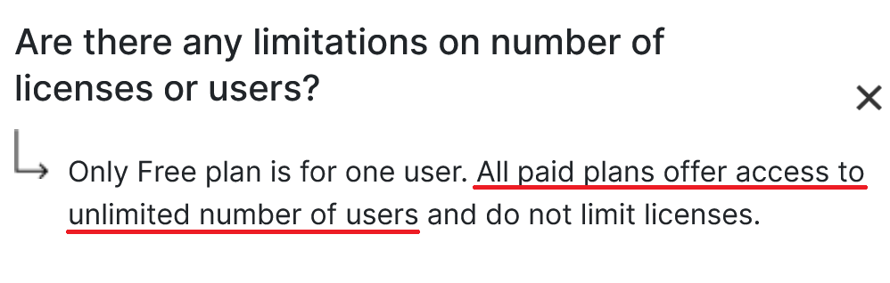 FAQ section explaining that only the free plan is limited to one user, while all paid plans offer unlimited users and license