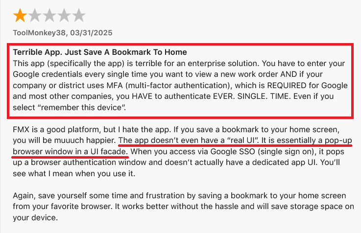 FMX customer review on App Store