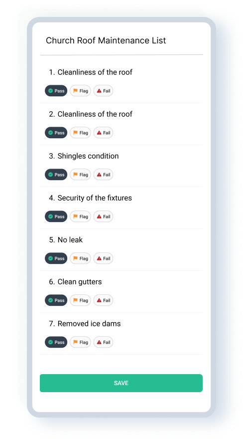 Church roof maintenance checklist in WorkTrek mobile app