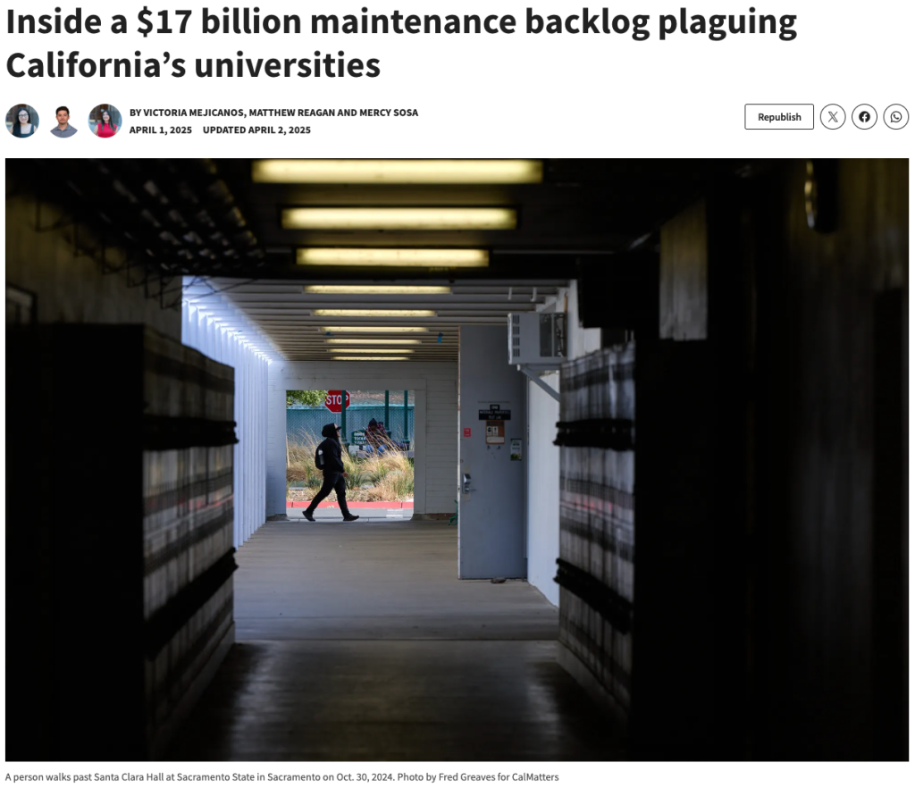 News article headline "Inside a $17 billion maintenance backlog plaguing California’s universities"