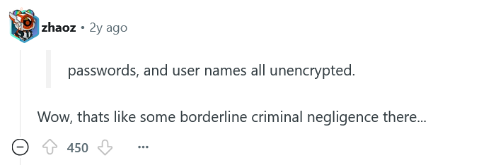 Screenshot of a Reddit comment discussing a maintenance software breach that exposed unencrypted usernames and passwords, highlighting cybersecurity negligence