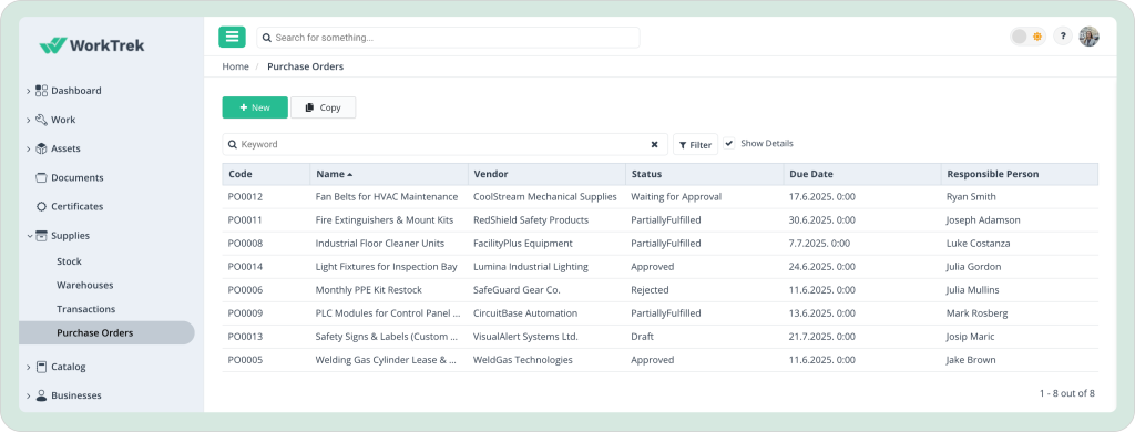 Purcahse orders in WorkTrek web app