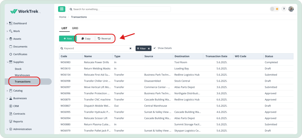 Transaction in WorkTrek web app