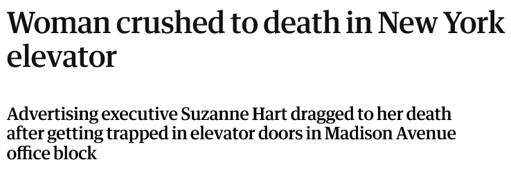 News article headline "Woman crushed to death in New York elevator"