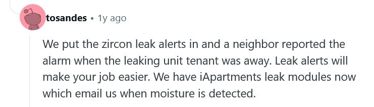 Reddit user comment describing how zircon leak alert systems emailed maintenance teams when moisture was detected in vacant units
