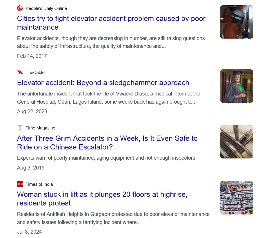 Screenshot of search results showing multiple news articles about elevator accidents caused by poor maintenance, with different publication dates and sources