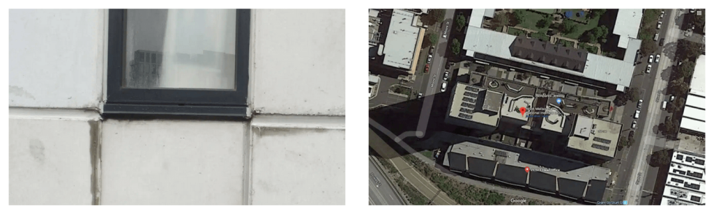 Side-by-side images showing a close-up of building façade damage and a satellite view of a multi-building complex used for desktop review