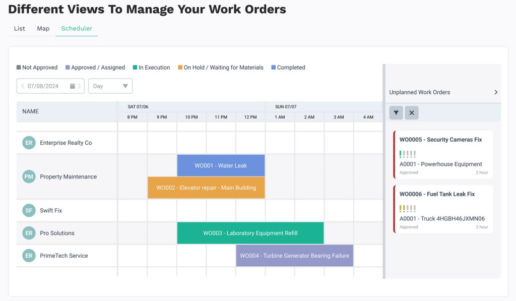 worktrek screenshot showing scheduler view for managing work orders