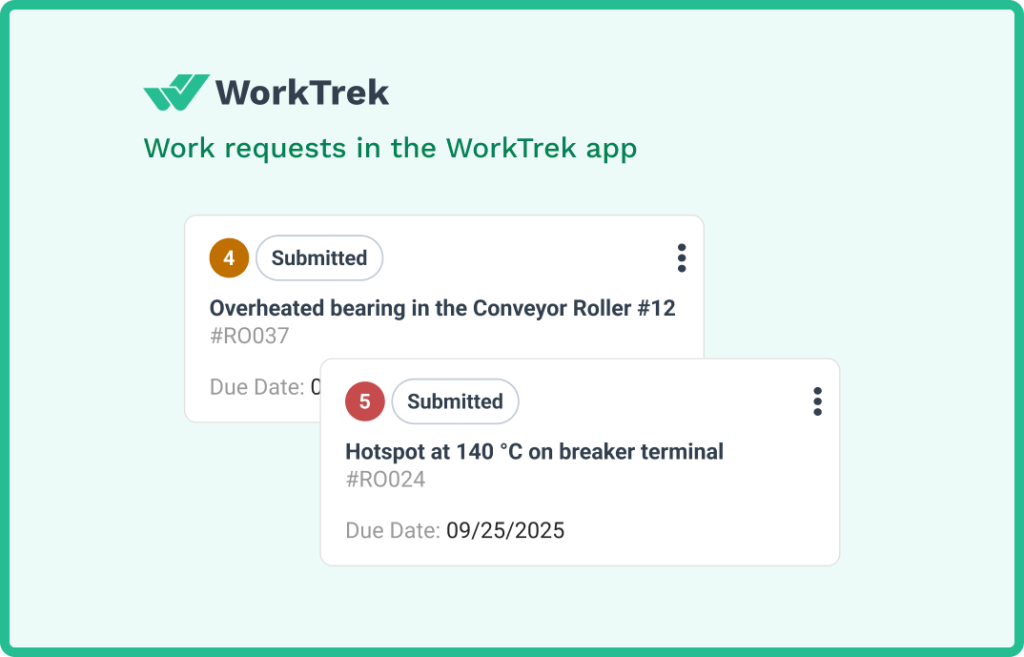 Work requests in the WorkTrek app related to the thermal analysis